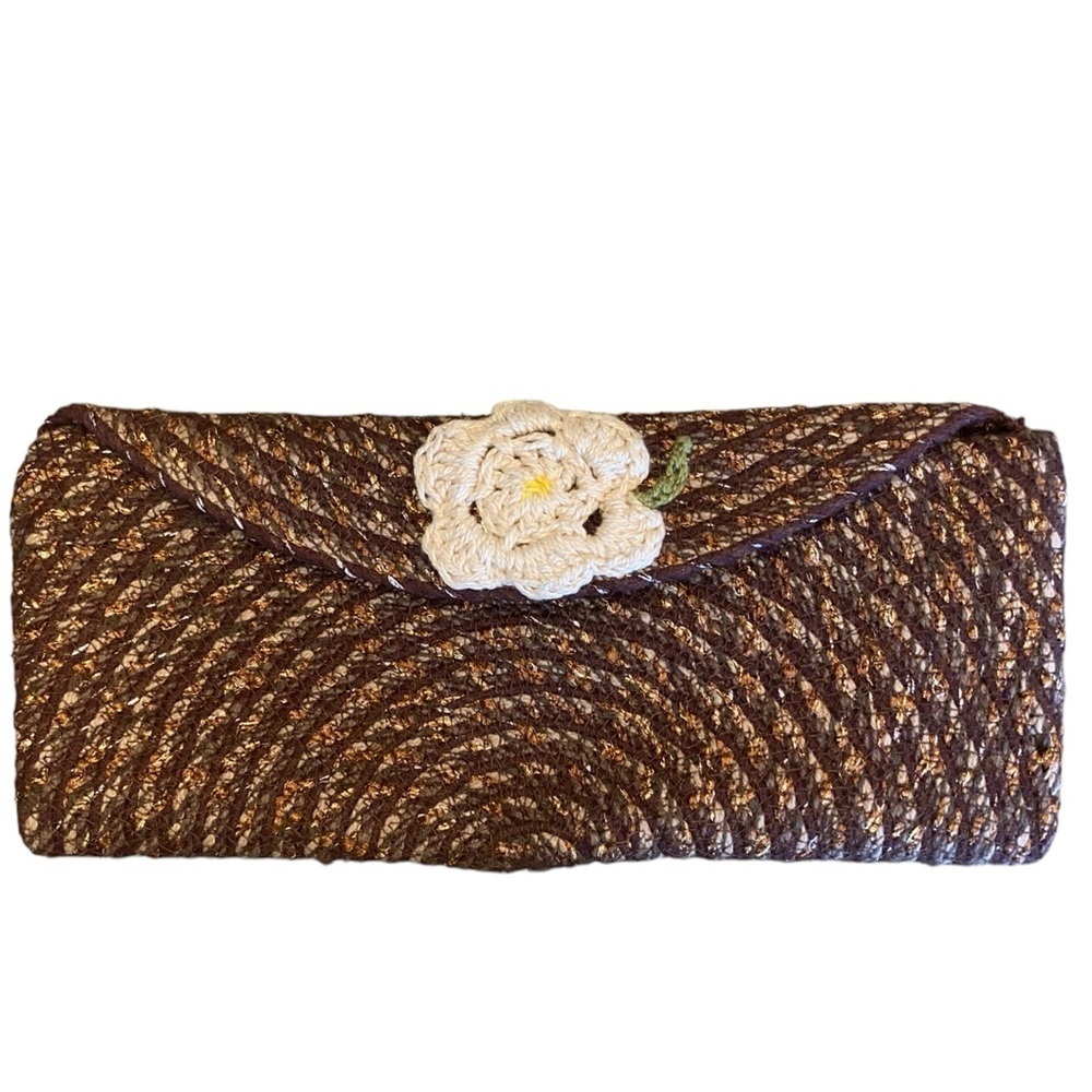 Handmade brown rope embroidered clutch crochet flower boho western 70s Fall